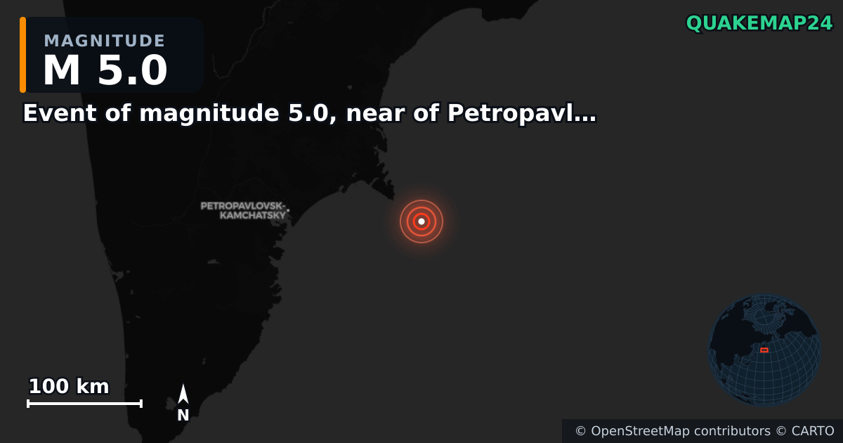 M5.0 earthquake near Event of magnitude 5.0, near of Petropavlovsk Kamchatskiy (Monde) on Sep 19, 2025 — map of epicenter and shaking intensity | QuakeMap24