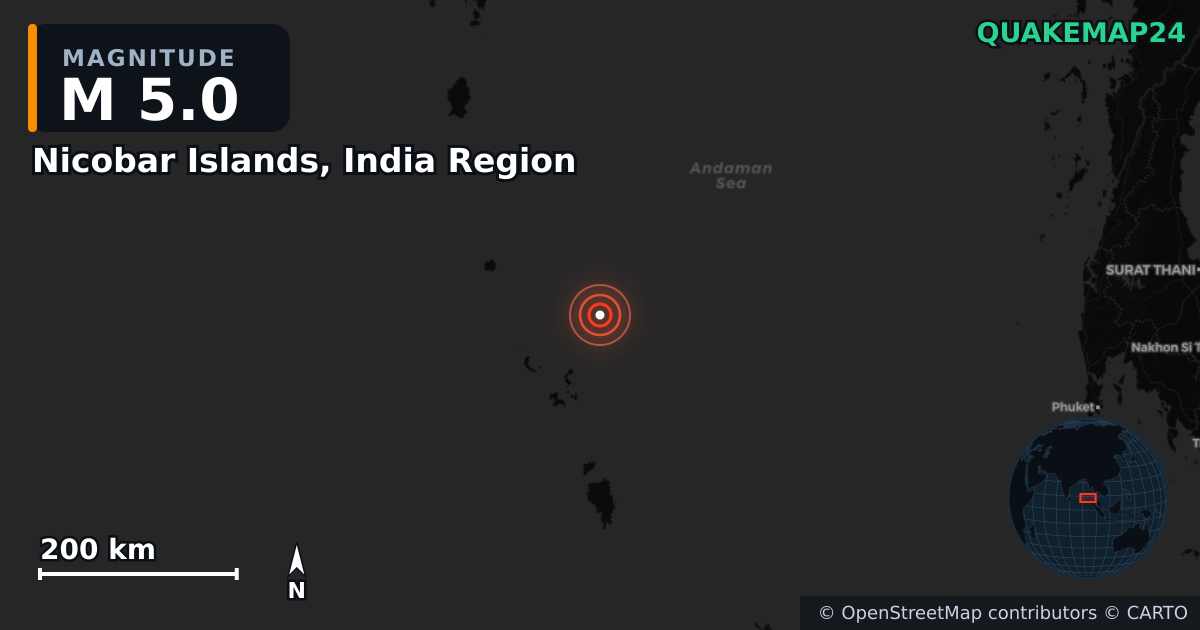 Nicobar Islands, India Region yakınında M5,0 deprem · 2025-06-28 — Deprem merkez üssünün konumunu gösteren harita