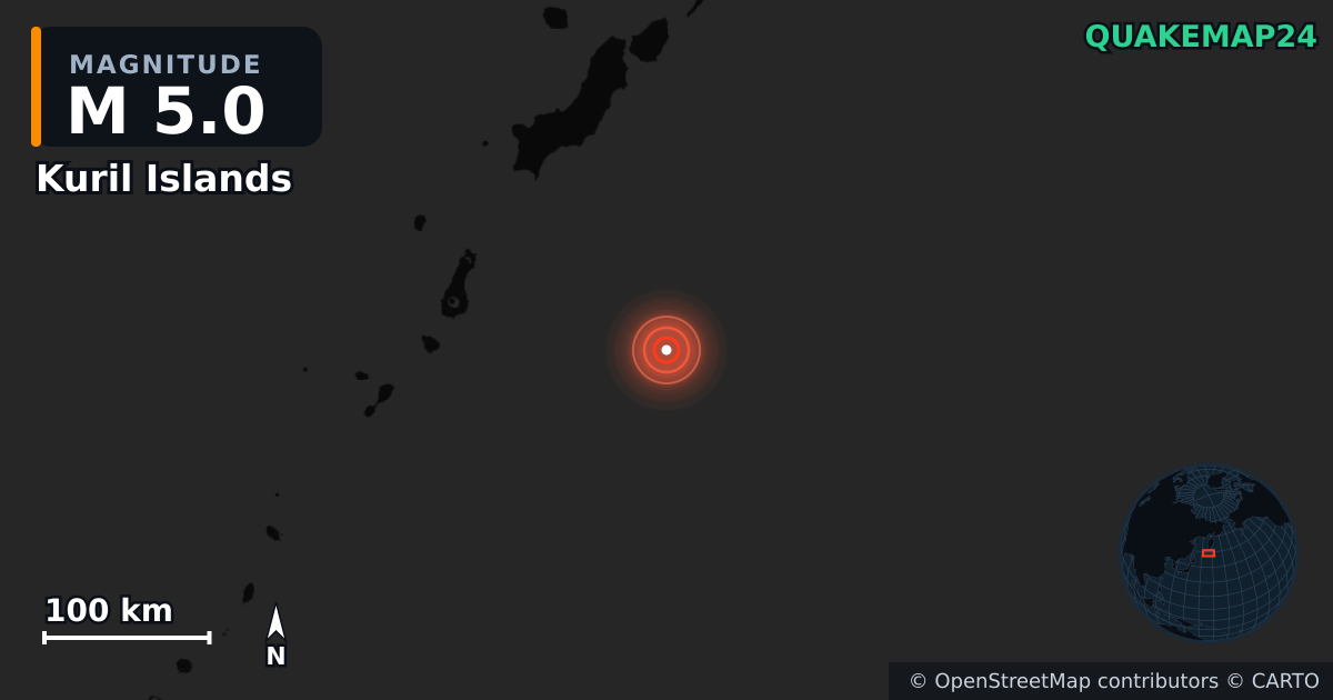 M5.0 earthquake near Kuril Islands on Jul 30, 2025 — map of epicenter and shaking intensity | QuakeMap24