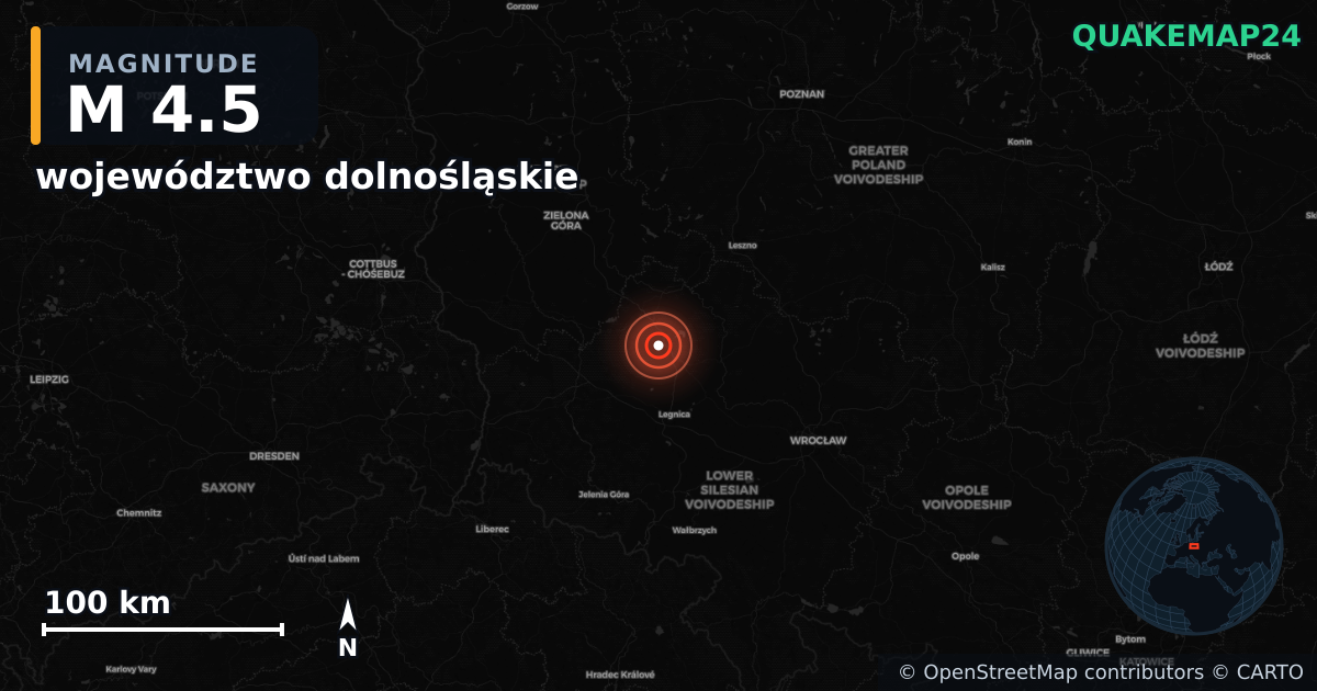 M4.5 earthquake near województwo dolnośląskie on Oct 18, 2025 — map of epicenter and shaking intensity | QuakeMap24