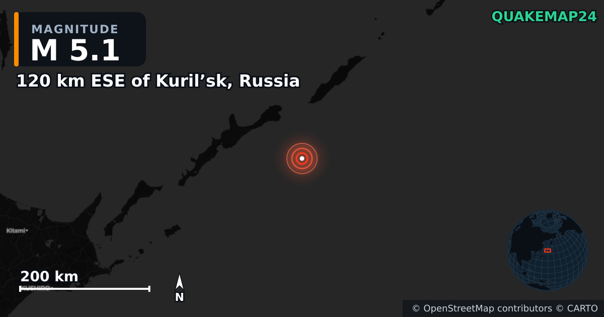 120 km ESE of Kuril’sk, Russia yakınında M5,1 deprem — Deprem merkez üssünün konumunu gösteren harita