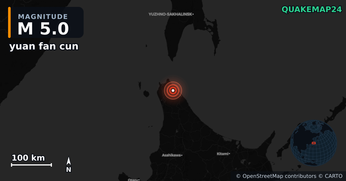 M5.0 earthquake near yuan fan cun on Jan 12, 2026 — map of epicenter and shaking intensity | QuakeMap24