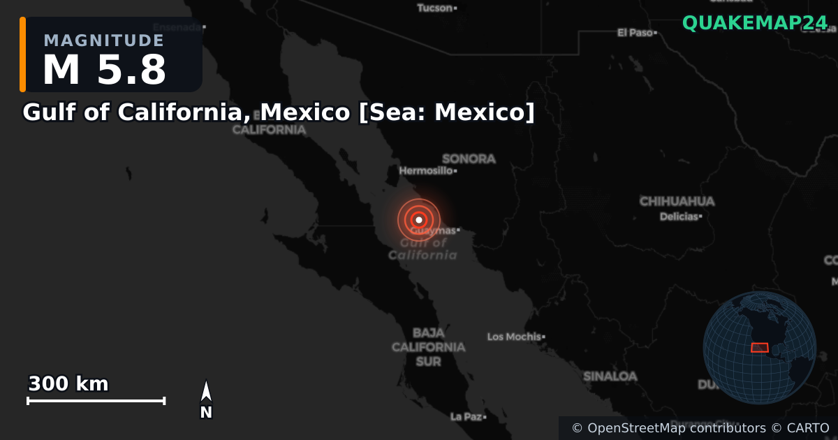 M5.8 earthquake near Gulf of California, Mexico [Sea: Mexico] on Nov 7, 2025 — map of epicenter and shaking intensity | QuakeMap24