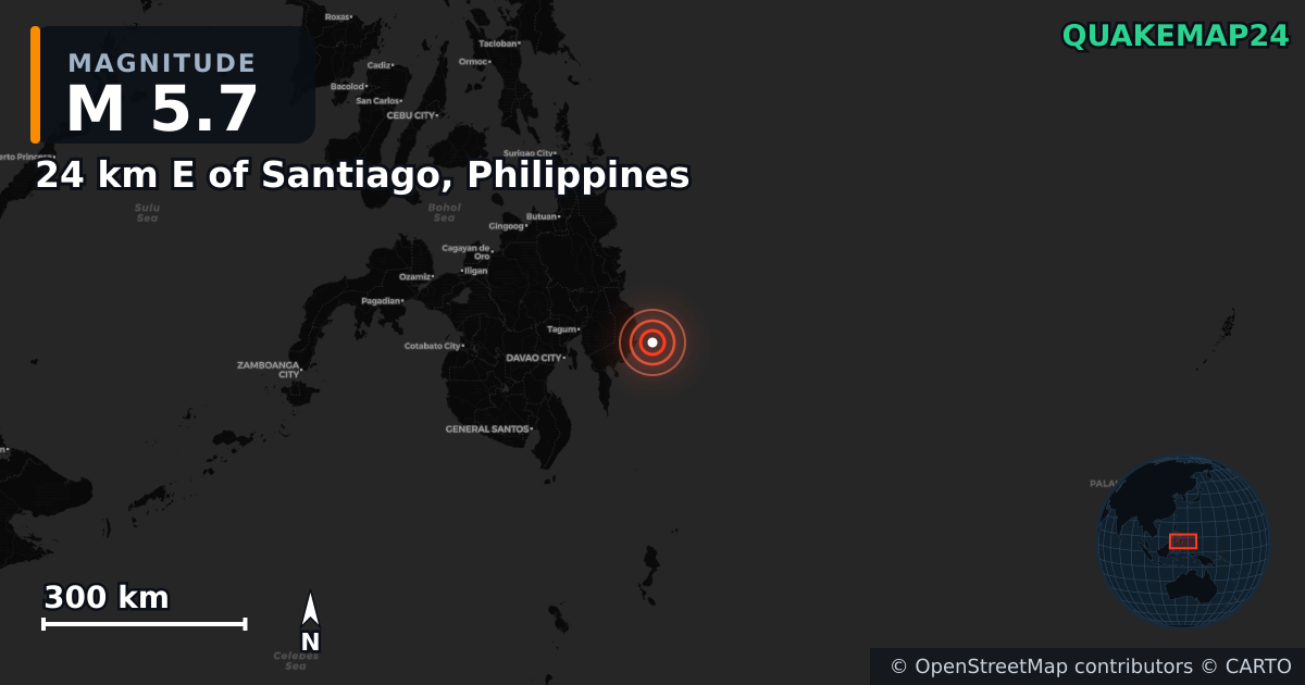 Erdbeben M5,7 bei 24 km E of Santiago, Philippines — Karte der Lage des Epizentrums