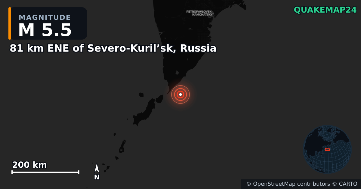 M5.5 earthquake near 81 km ENE of Severo-Kuril’sk, Russia on Aug 23, 2025 — map of epicenter and shaking intensity | QuakeMap24