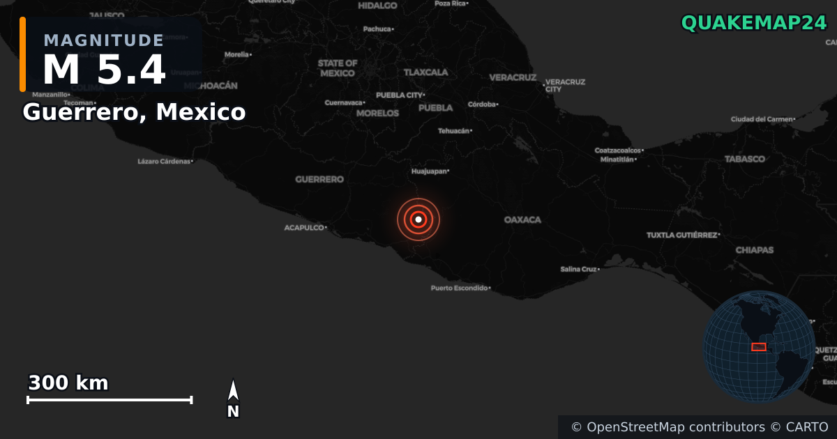 M5.4 earthquake near Guerrero, Mexico on Jun 5, 2026 — map of epicenter and shaking intensity | QuakeMap24