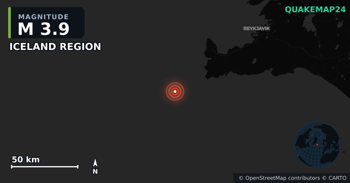 M3.9 earthquake near ICELAND REGION on May 24, 2025 — map of epicenter and shaking intensity | QuakeMap24