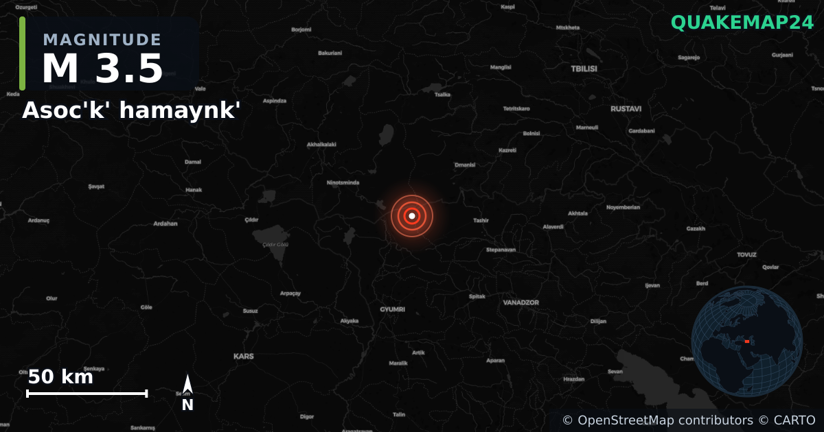 M3.5 earthquake near Asoc'k' hamaynk' on Apr 9, 2026 — map of epicenter and shaking intensity | QuakeMap24