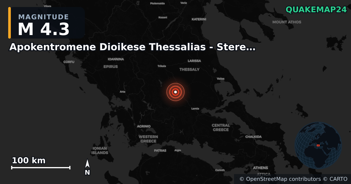 M4.3 earthquake near Apokentromene Dioikese Thessalias - Stereas Ellados on Aug 18, 2025 — map of epicenter and shaking intensity | QuakeMap24
