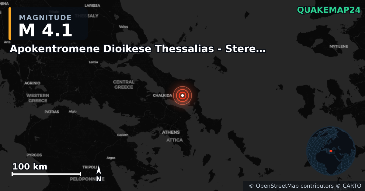 M4.1 earthquake near Apokentromene Dioikese Thessalias - Stereas Ellados on Aug 8, 2025 — map of epicenter and shaking intensity | QuakeMap24