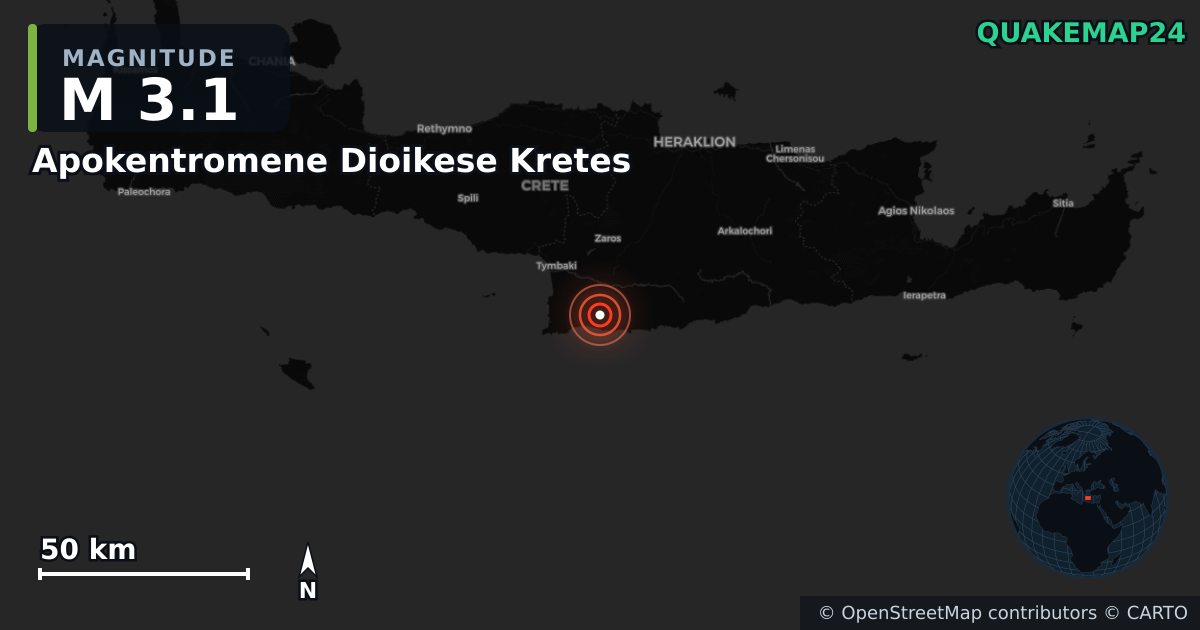 M3.1 earthquake near Apokentromene Dioikese Kretes on Oct 26, 2025 — map of epicenter and shaking intensity | QuakeMap24