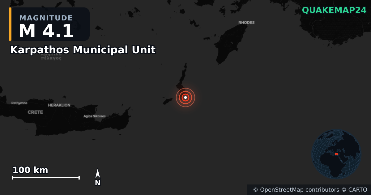 M4.1 earthquake near Karpathos Municipal Unit on Jul 11, 2026 — map of epicenter and shaking intensity | QuakeMap24