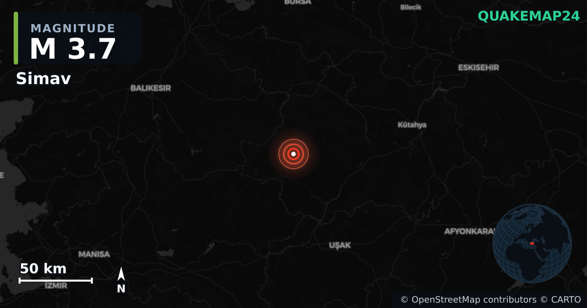 M3.7 earthquake near Simav on Jun 18, 2025 — map of epicenter and shaking intensity | QuakeMap24