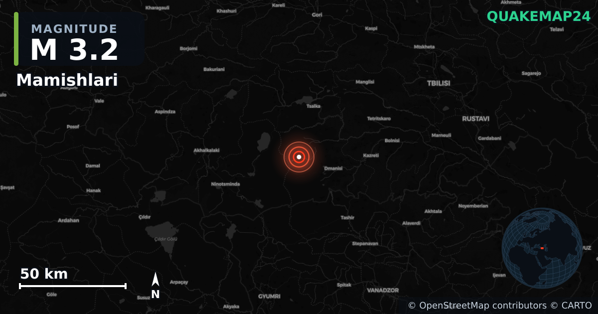M3.2 earthquake near Mamishlari on Aug 19, 2026 — map of epicenter and shaking intensity | QuakeMap24