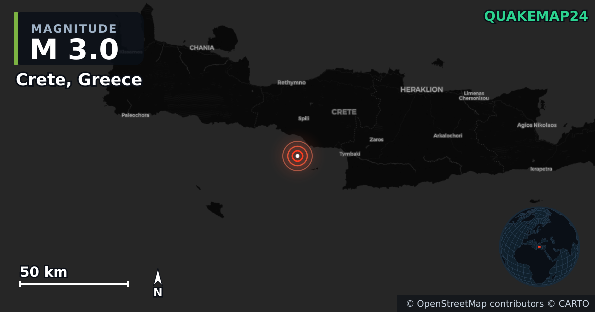 M3.0 earthquake near Crete, Greece on May 20, 2026 — map of epicenter and shaking intensity | QuakeMap24