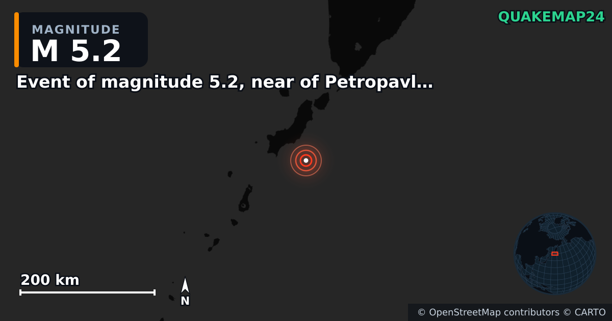 M5.2 earthquake near Event of magnitude 5.2, near of Petropavlovsk Kamchatskiy (Monde) on Aug 18, 2025 — map of epicenter and shaking intensity | QuakeMap24