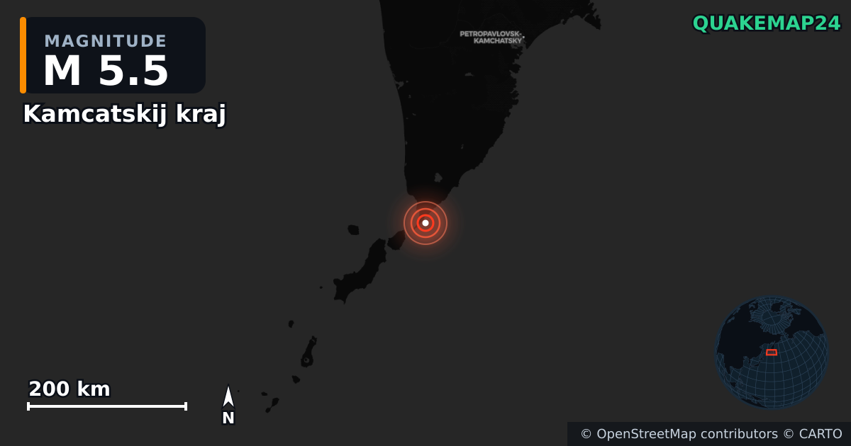 M5.5 earthquake near Kamcatskij kraj on Dec 12, 2025 — map of epicenter and shaking intensity | QuakeMap24
