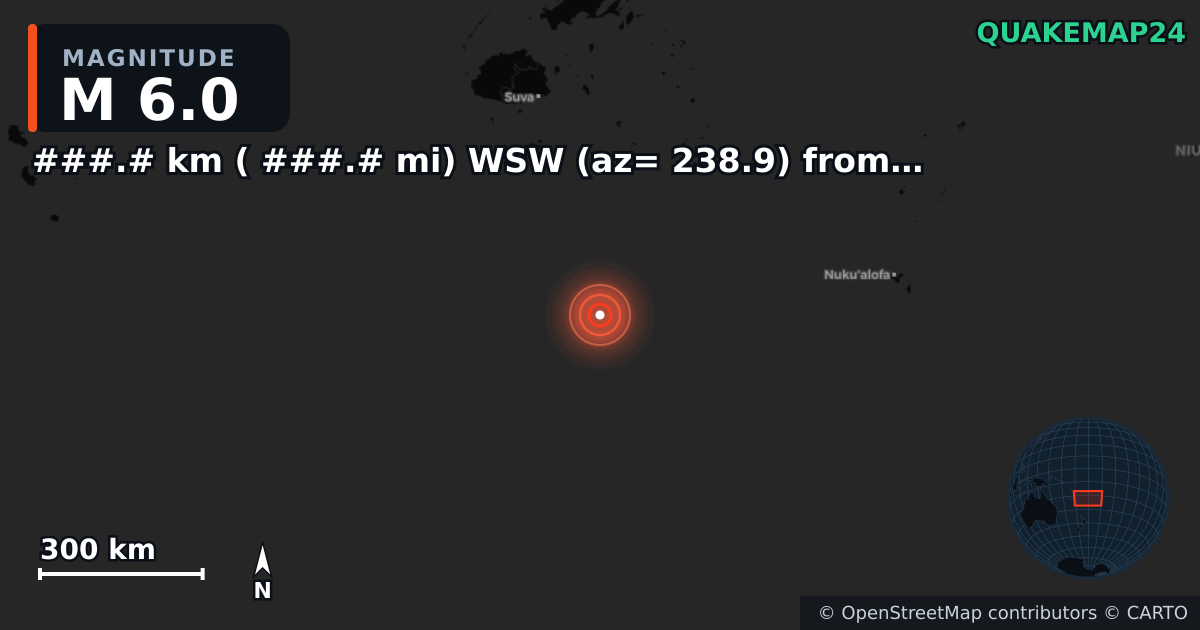 M6.0 earthquake near south of the Fiji Islands on Feb 22, 2026 — map of epicenter and shaking intensity | QuakeMap24