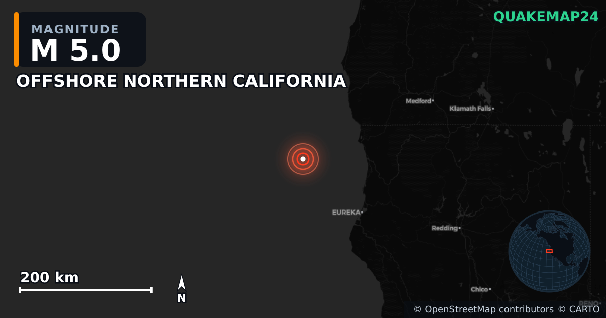 M5.0 earthquake near OFFSHORE NORTHERN CALIFORNIA on May 9, 2026 — map of epicenter and shaking intensity | QuakeMap24