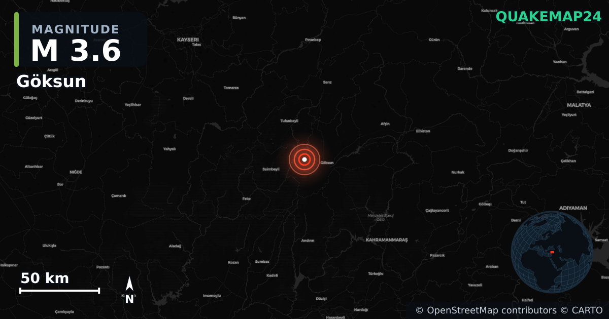 M3.6 earthquake near Göksun on Jul 6, 2026 — map of epicenter and shaking intensity | QuakeMap24