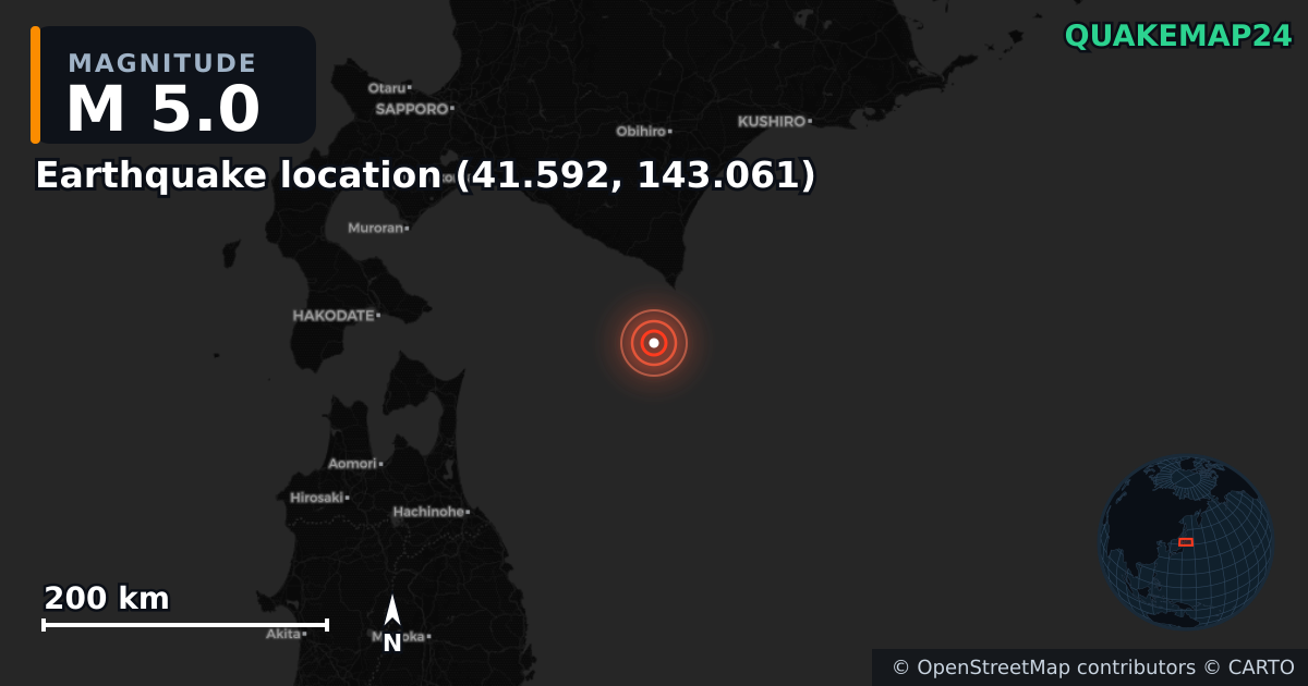 M5.0 earthquake near Deprem konumu (41.592, 143.061) on Jun 23, 2025 — map of epicenter and shaking intensity | QuakeMap24