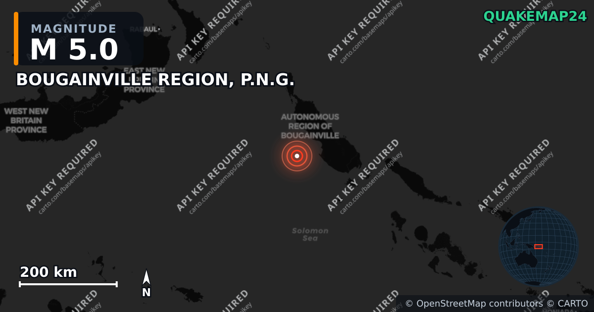 M5.0 earthquake near BOUGAINVILLE REGION, P.N.G. on Oct 28, 2025 — map of epicenter and shaking intensity | QuakeMap24