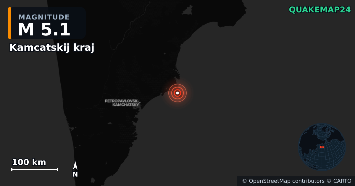M5.1 earthquake near Kamcatskij kraj on Aug 29, 2025 — map of epicenter and shaking intensity | QuakeMap24
