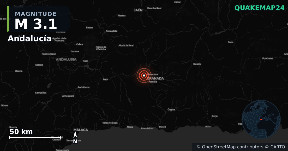 M3.1 earthquake near Andalucía on Sep 12, 2025 — map of epicenter and shaking intensity | QuakeMap24