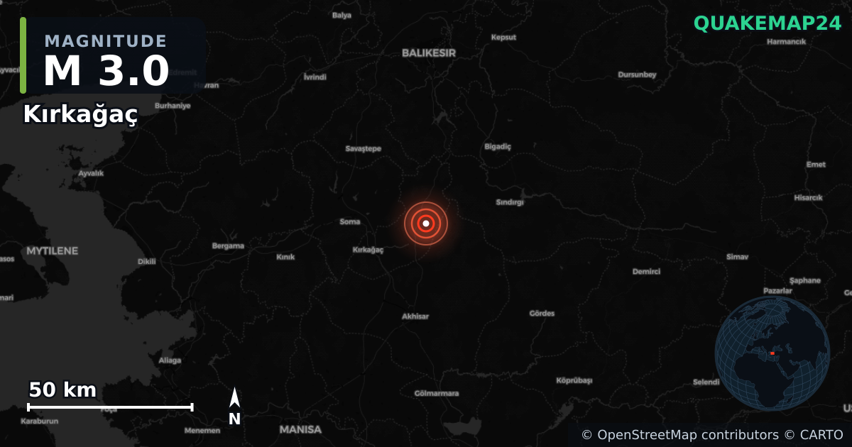 M3.0 earthquake near Kırkağaç on Nov 9, 2025 — map of epicenter and shaking intensity | QuakeMap24