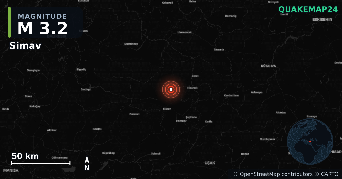 M3.2 earthquake near Simav on Sep 30, 2025 — map of epicenter and shaking intensity | QuakeMap24
