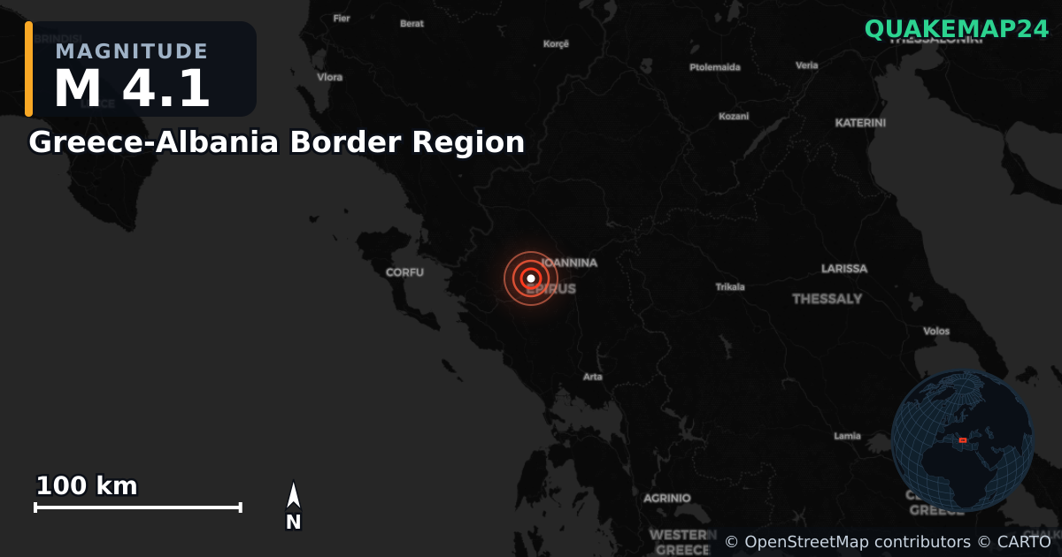 M4.1 earthquake near Greece-Albania Border Region on Mar 17, 2026 — map of epicenter and shaking intensity | QuakeMap24