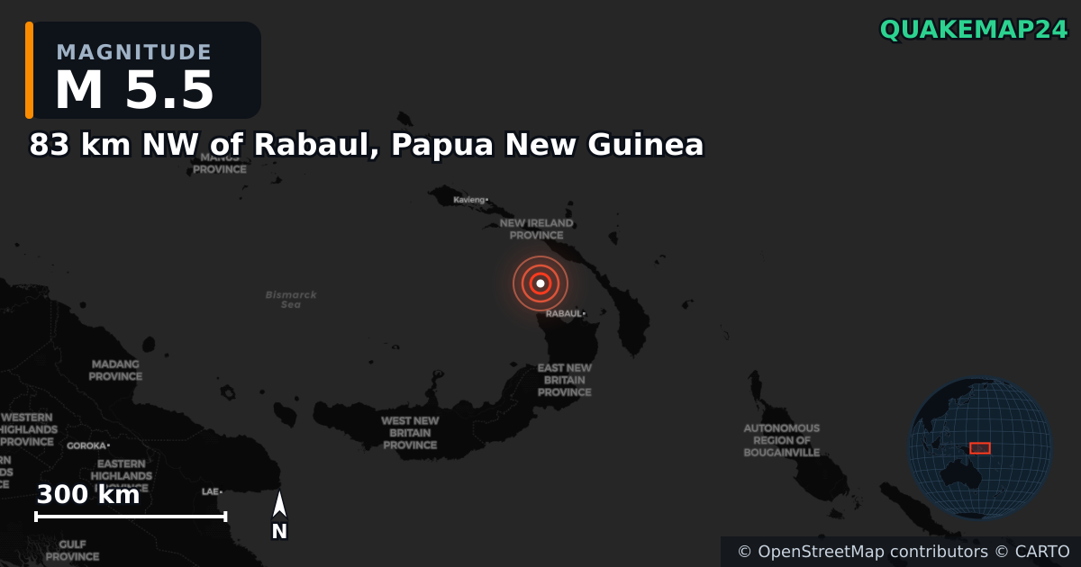 M5.5 earthquake near 83 km NW of Rabaul, Papua New Guinea on Jan 21, 2025 — map of epicenter and shaking intensity | QuakeMap24