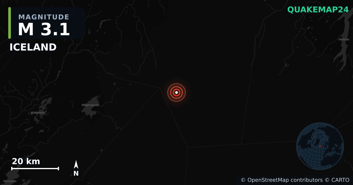 M3.1 earthquake near ICELAND on Oct 22, 2025 — map of epicenter and shaking intensity | QuakeMap24