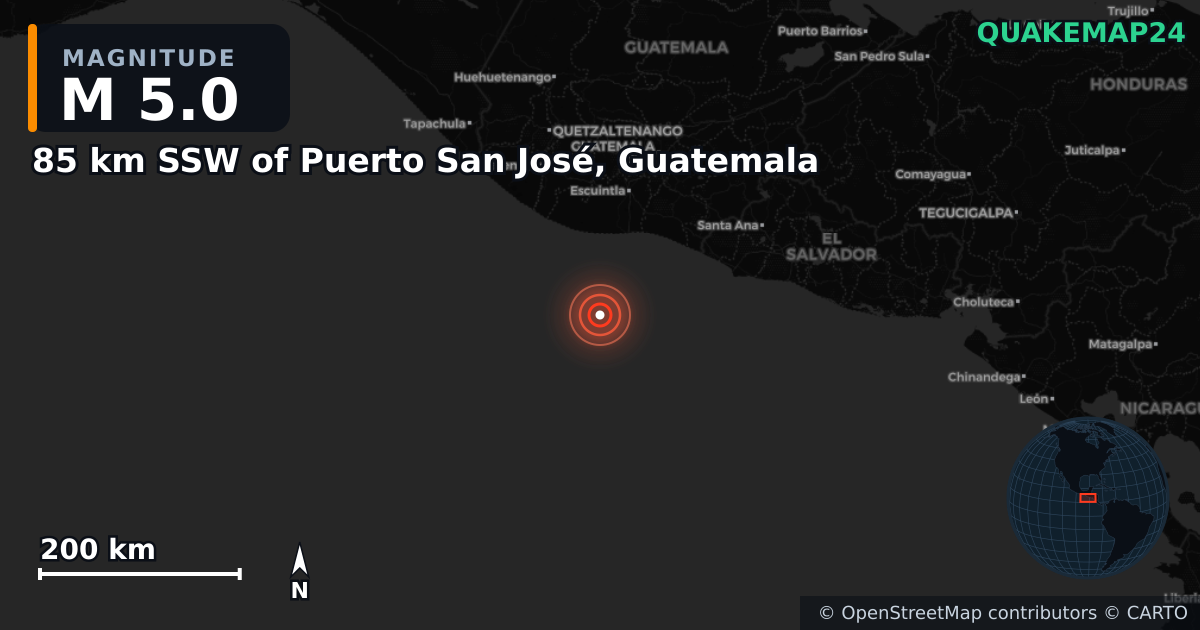 85 km SSW of Puerto San José, Guatemala yakınında M5,0 deprem — Deprem merkez üssünün konumunu gösteren harita