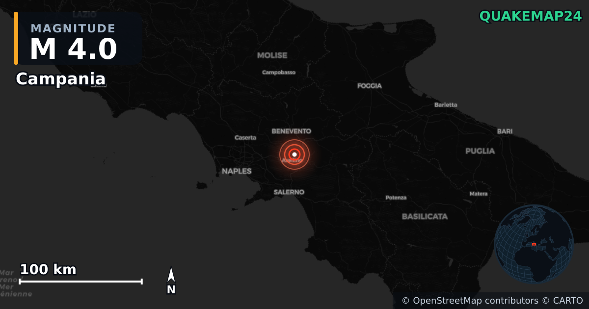 M4.0 earthquake near Campania on Oct 25, 2025 — map of epicenter and shaking intensity | QuakeMap24
