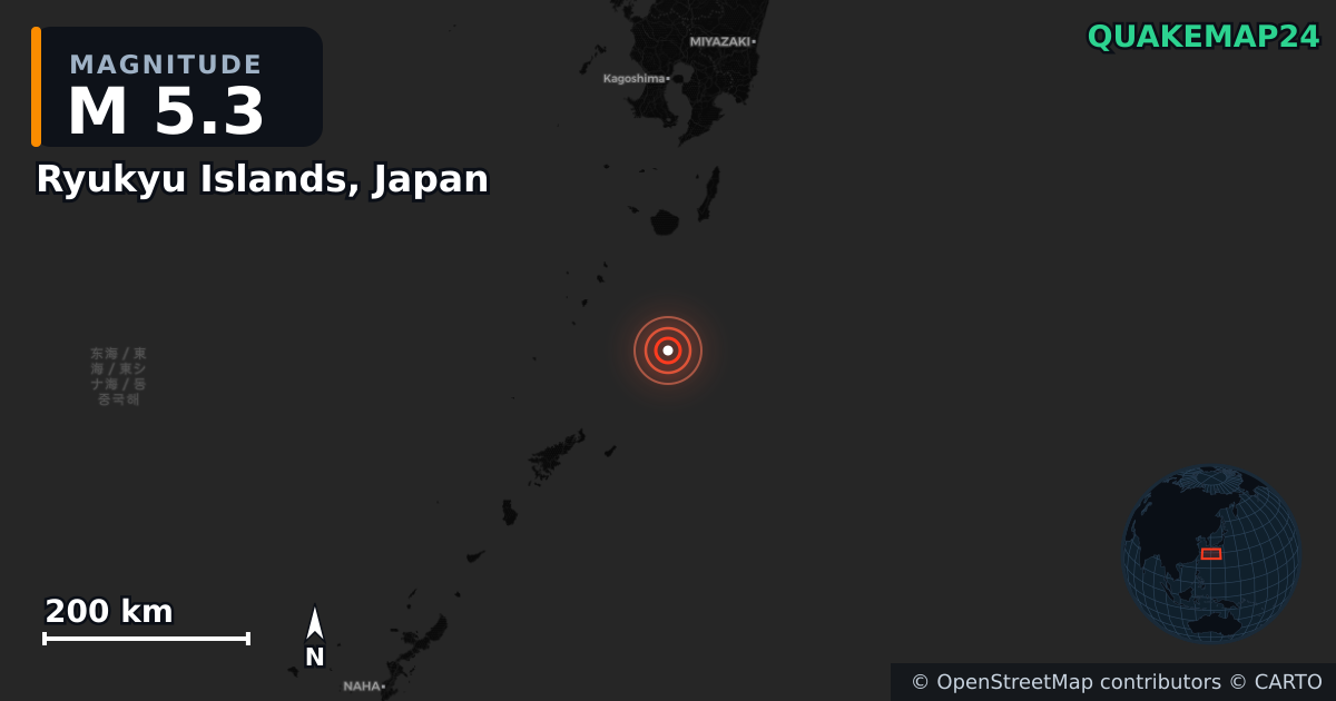 M5.3 earthquake near Ryukyu Islands, Japan on Feb 18, 2026 — map of epicenter and shaking intensity | QuakeMap24