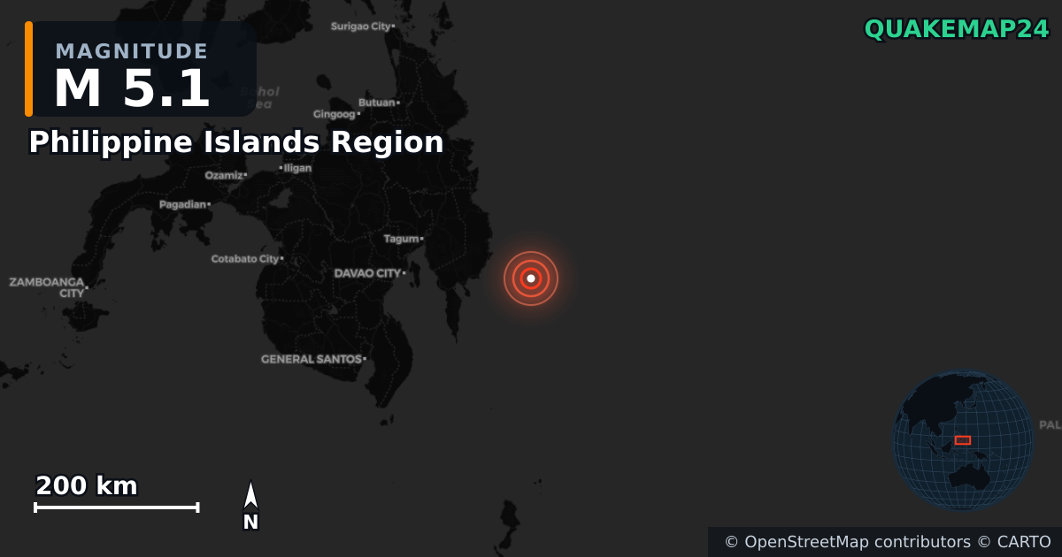 M5.1 earthquake near Philippine Islands Region on Oct 10, 2025 — map of epicenter and shaking intensity | QuakeMap24