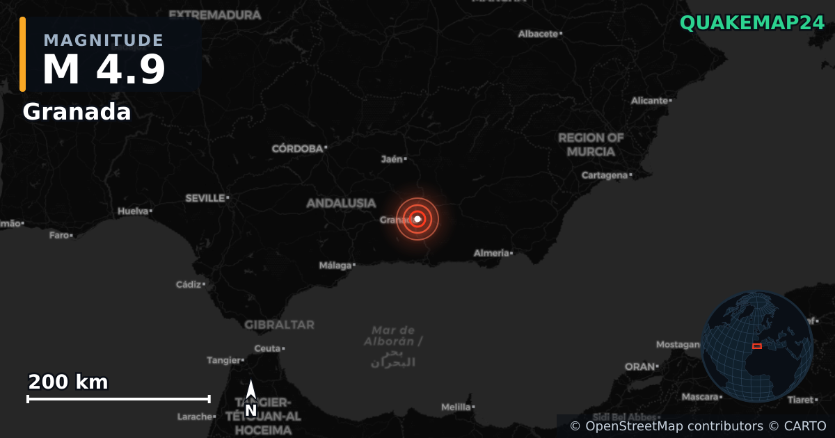 M4.9 earthquake near Granada on Aug 18, 2026 — map of epicenter and shaking intensity | QuakeMap24