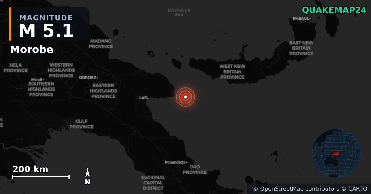 M5.1 earthquake near Morobe on Oct 23, 2025 — map of epicenter and shaking intensity | QuakeMap24