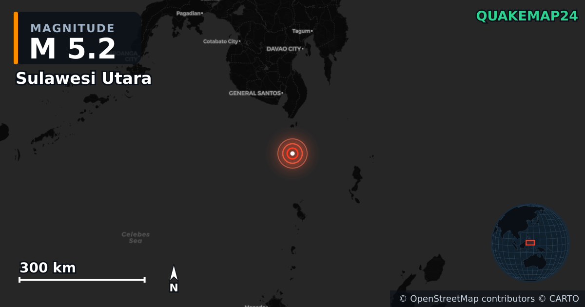M5.2 earthquake near Sulawesi Utara on Jun 12, 2026 — map of epicenter and shaking intensity | QuakeMap24