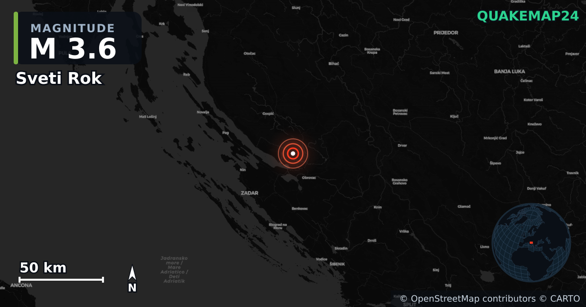 M3.6 earthquake near Sveti Rok on May 11, 2025 — map of epicenter and shaking intensity | QuakeMap24