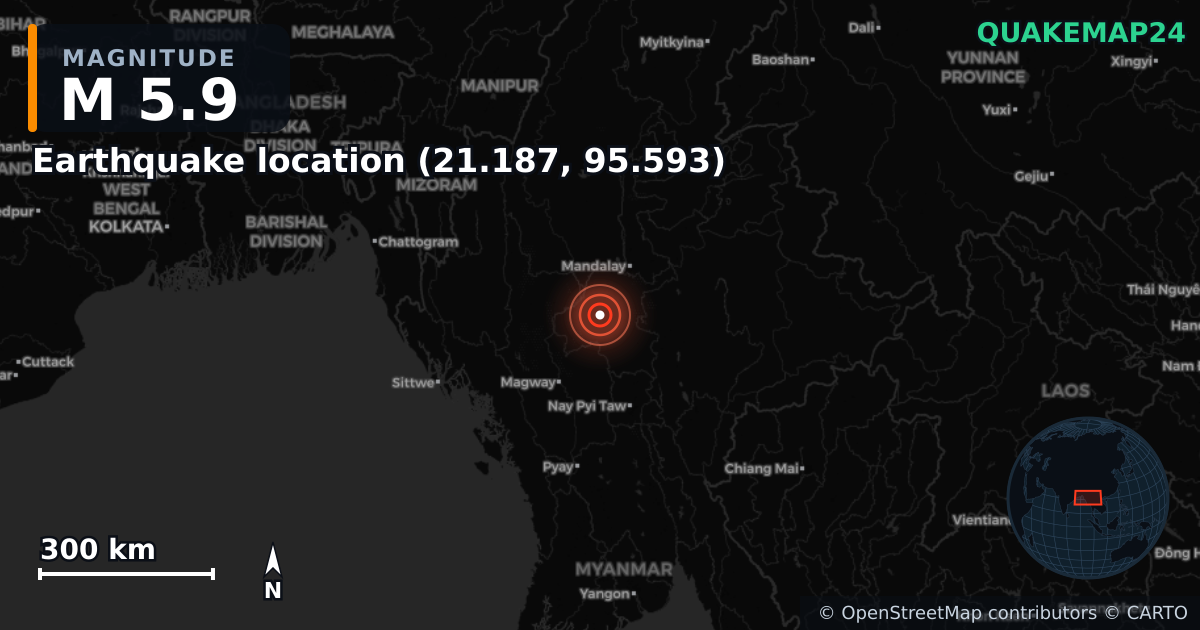 M5.9 earthquake near Lieu du séisme (21.187, 95.593) on Feb 3, 2026 — map of epicenter and shaking intensity | QuakeMap24