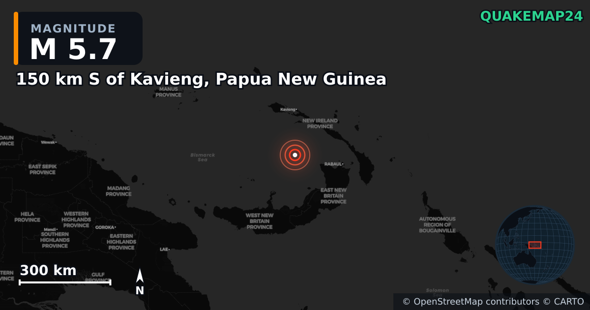 M5.7 earthquake near 150 km S of Kavieng, Papua New Guinea on Jan 24, 2025 — map of epicenter and shaking intensity | QuakeMap24