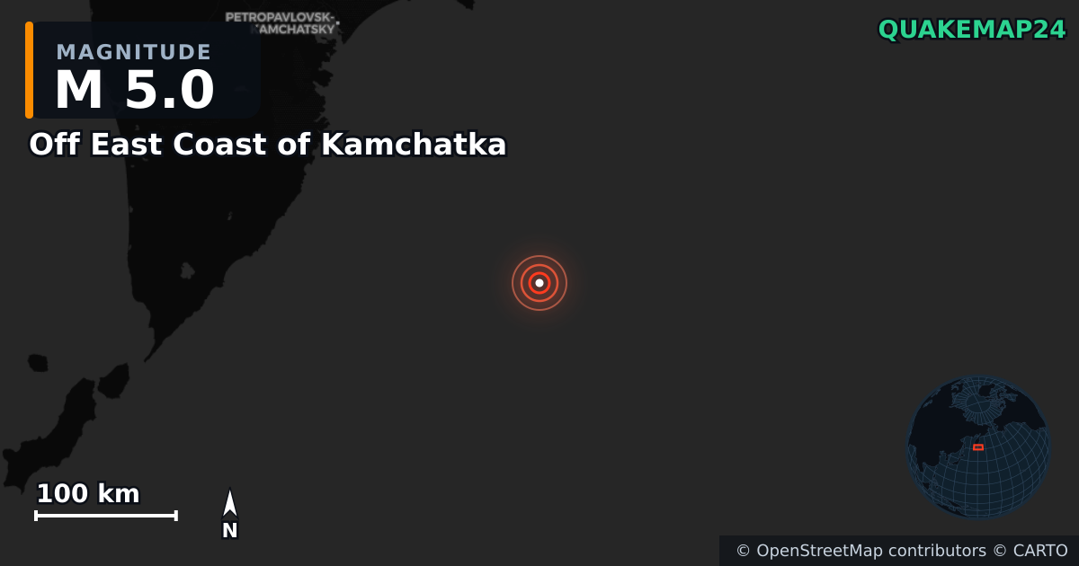 M5.0 earthquake near Off East Coast of Kamchatka on Feb 24, 2026 — map of epicenter and shaking intensity | QuakeMap24