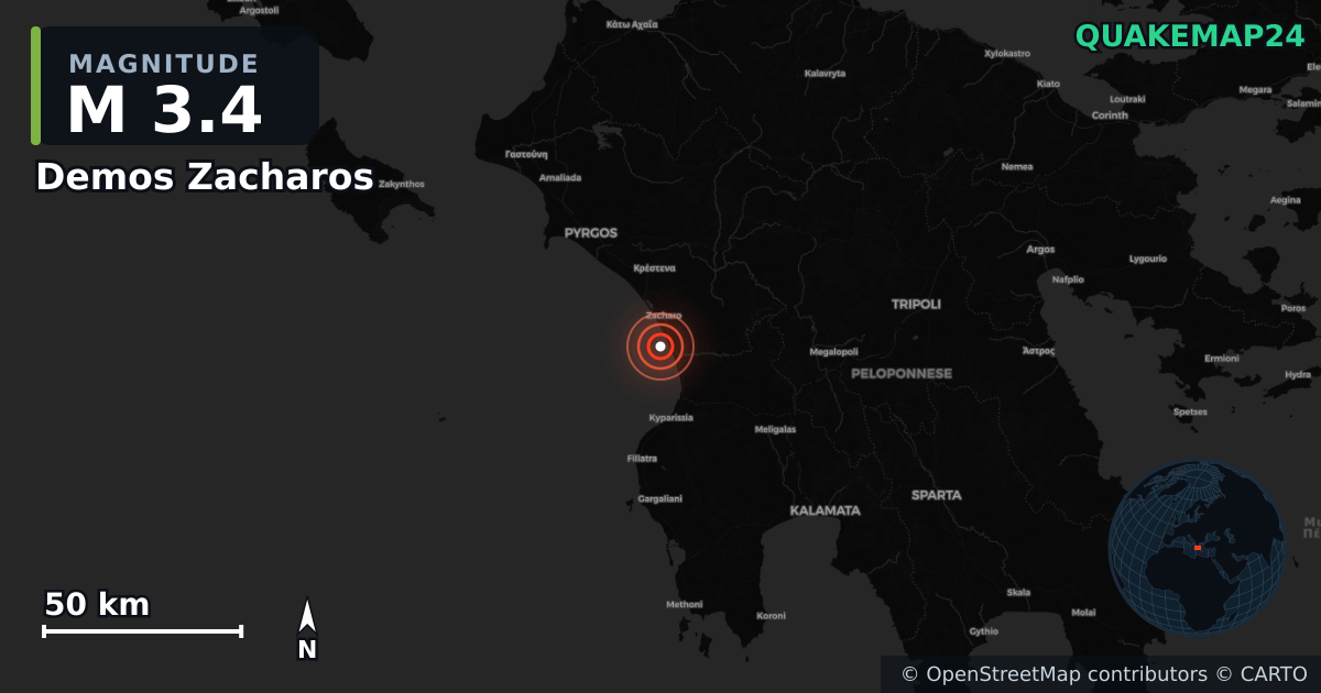M3.4 earthquake near Demos Zacharos on Dec 10, 2025 — map of epicenter and shaking intensity | QuakeMap24