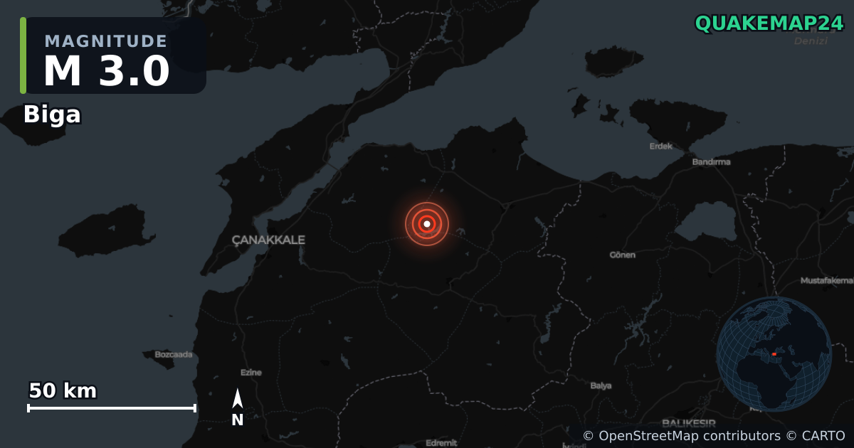 Terremoto de M3,0 cerca de Biga (Turquía) · 2025-12-18 — Mapa de la ubicación del epicentro