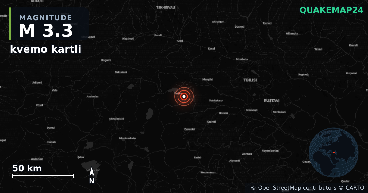 M3.3 earthquake near kvemo kartli on Aug 13, 2025 — map of epicenter and shaking intensity | QuakeMap24