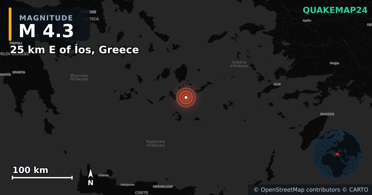 M4.3 earthquake near 25 km E of Íos, Greece on Feb 9, 2025 — map of epicenter and shaking intensity | QuakeMap24