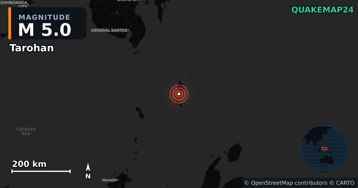 M5.0 Earthquake near Tarohan, North Sulawesi (Indonesia) · 2026-08-09 — Map showing the location of the epicenter