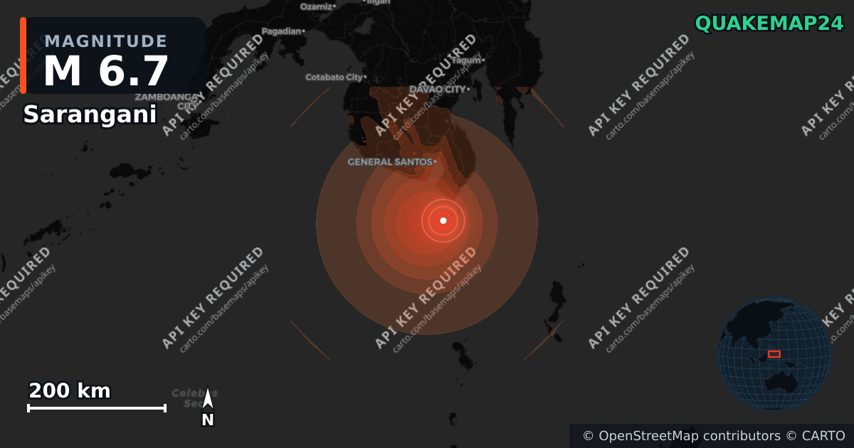 M6.7 earthquake near Sarangani on Jun 26, 2026 — map of epicenter and shaking intensity | QuakeMap24